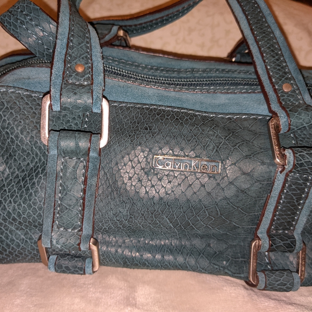 Calvin Klein jade green, snakeskin barrel shape purse